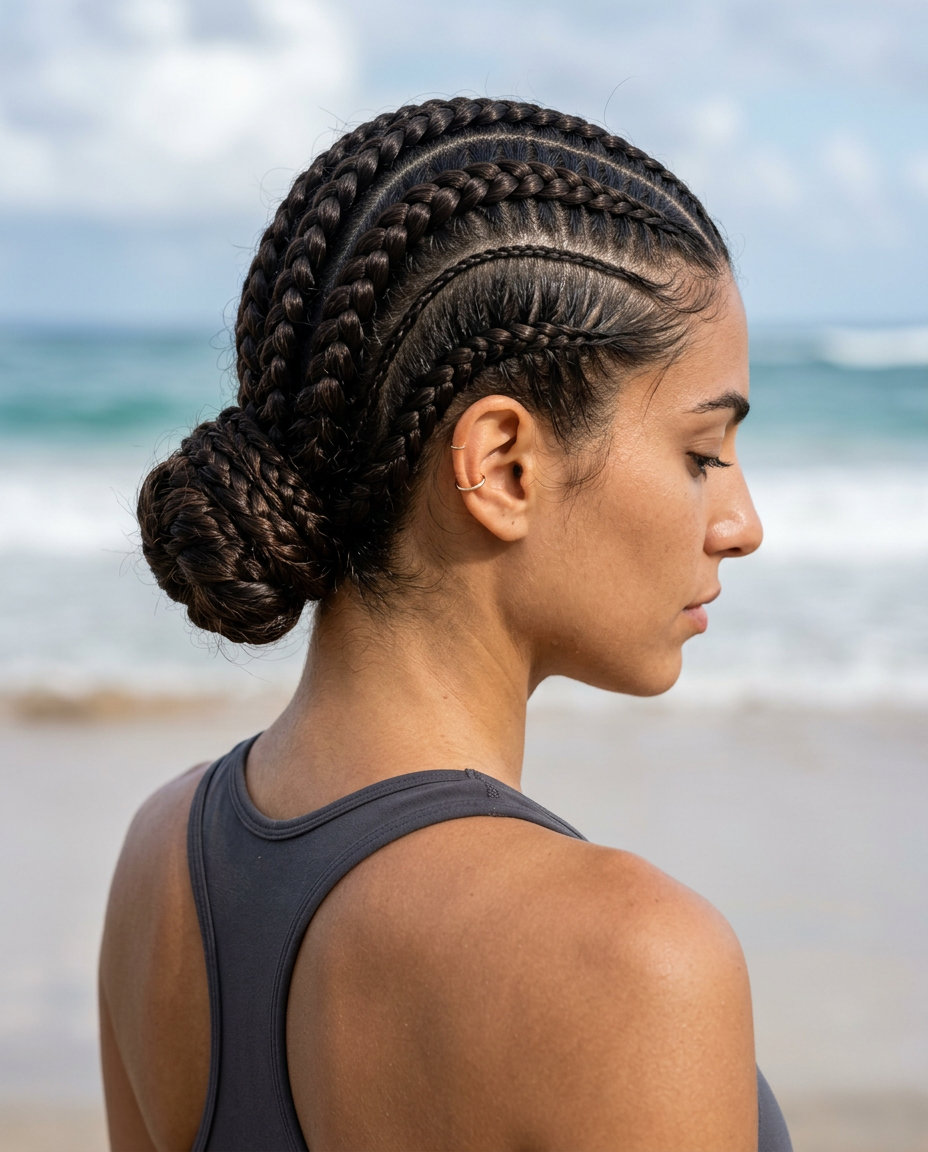 Espresso Cornrow Bun 2026 espresso roast stitch cornrows low braided bun with sleek edges and high-shine finish for professional settings