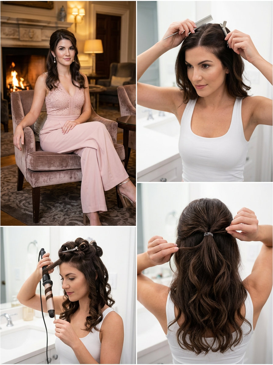 medium espresso brunette half-up with sculpted waves and face-framing tendrils for summer wedding guest 2026