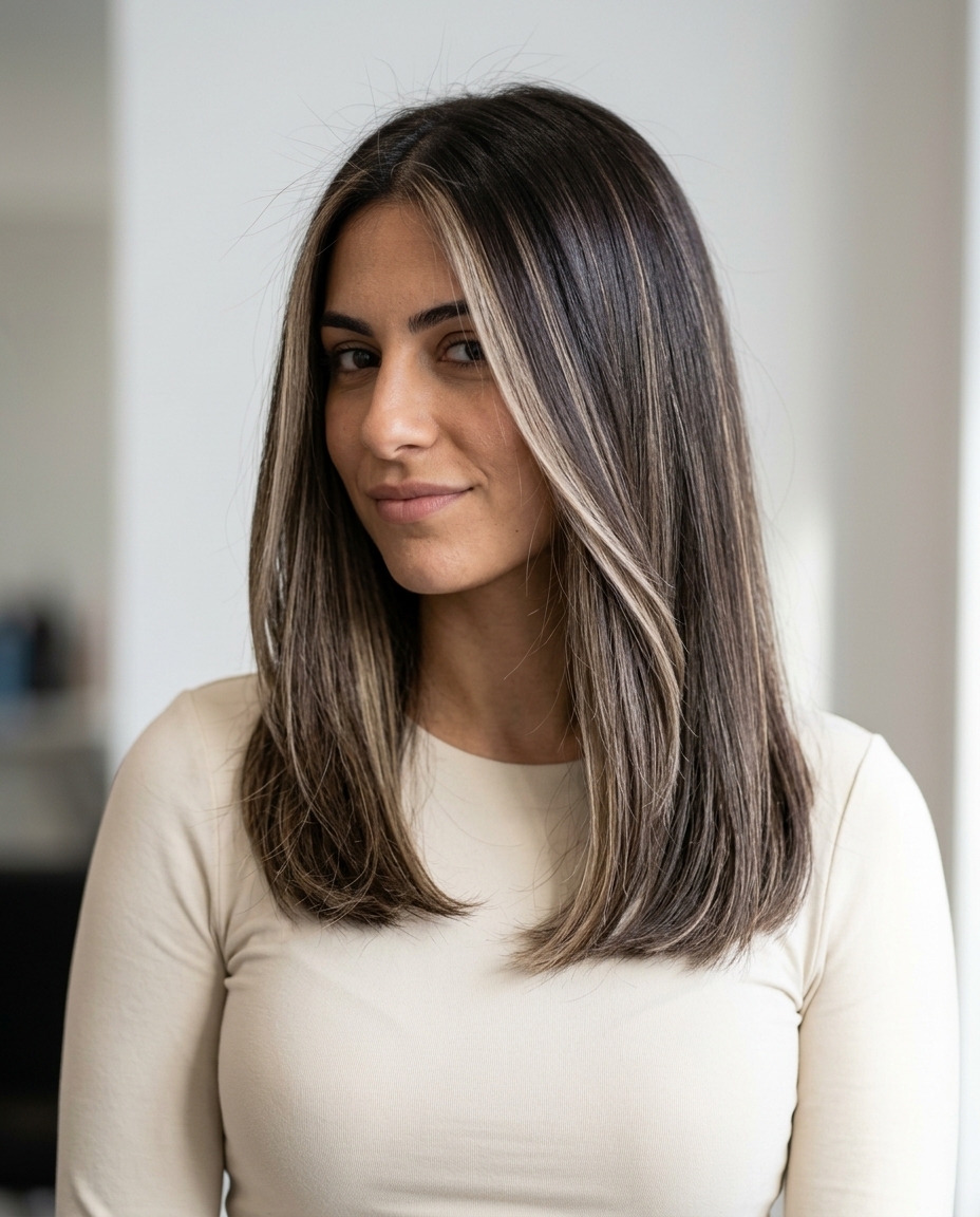 medium-long blunt cut with espresso and vanilla bean highlights, balayage, chic mood for office
