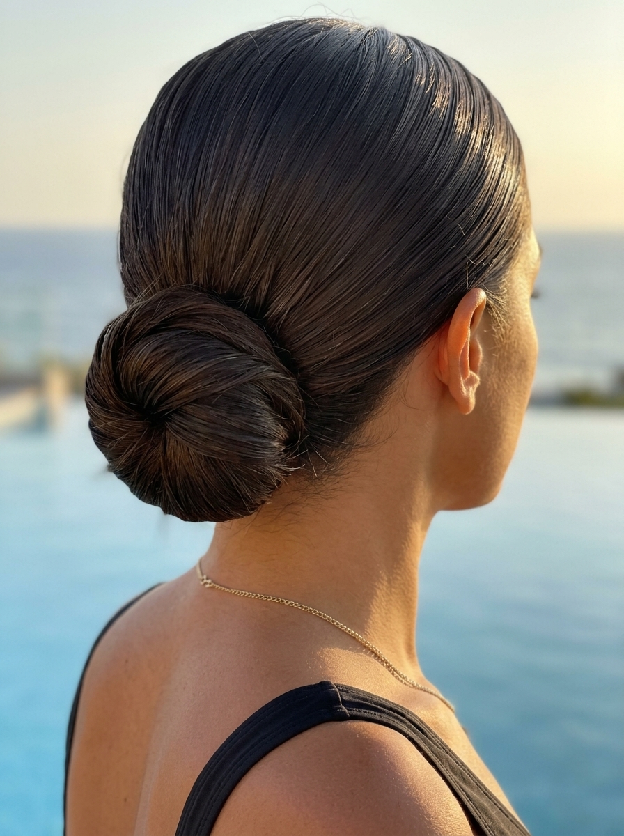 Wet-Look Mermaid Bun 2026 deep espresso updo with high-gloss finish, sleek bun for poolside lounge