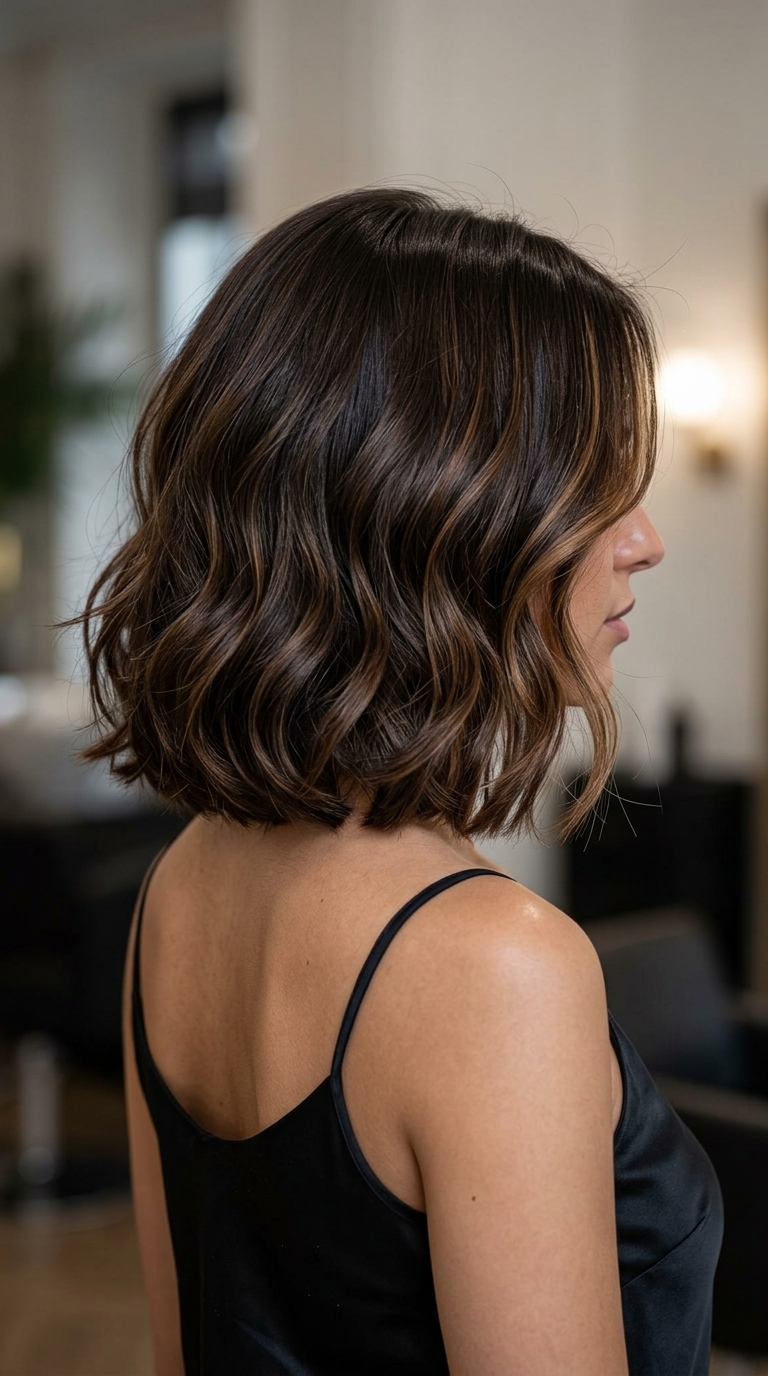 neck-length wavy bob haircut in espresso with caramel money pieces, deep side part, no fringe — voluminous