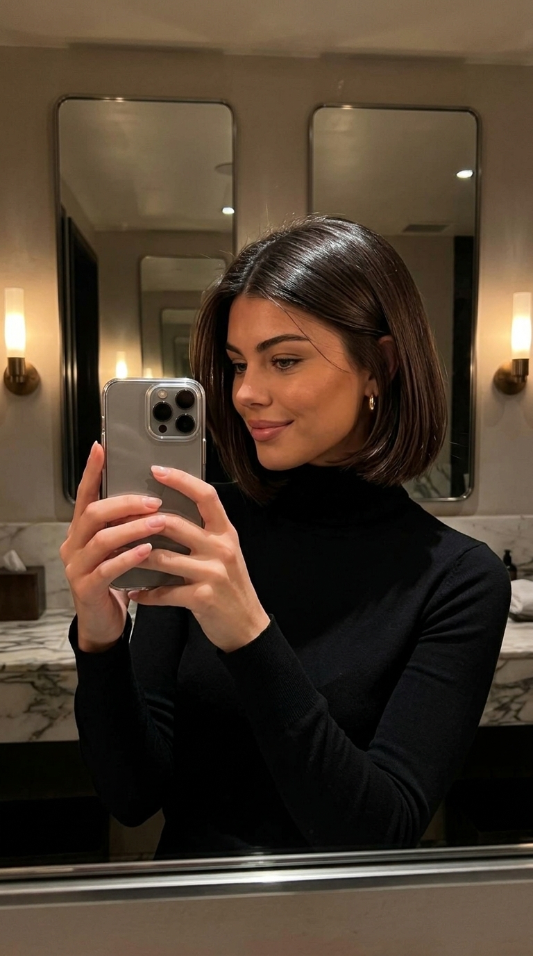 chin-length french bob haircut in espresso roast brunette with blunt perimeter for round faces