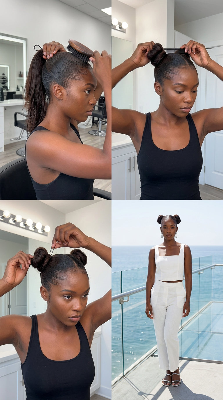 Futuristic Sleek Double Bun 2026 long espresso roast sleek double bun with glass hair finish for summer 2026
