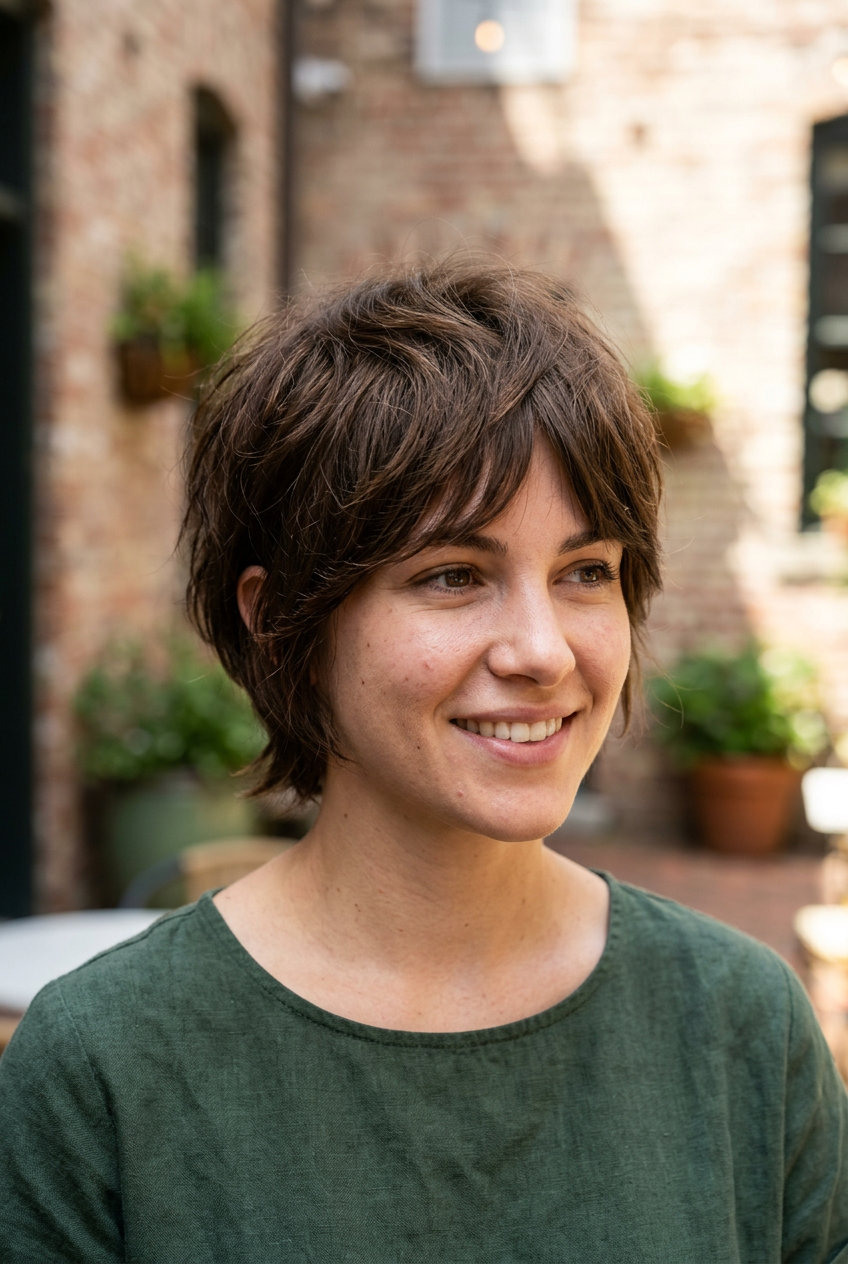 short bixie haircut in deep espresso with chocolate lowlights, choppy layers, razored ends, chic mood