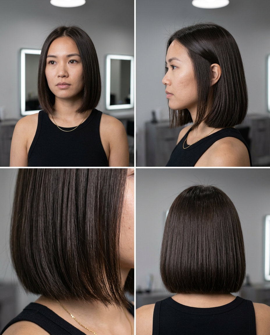 short deep espresso bob haircut with blunt ends and no fringe for date night