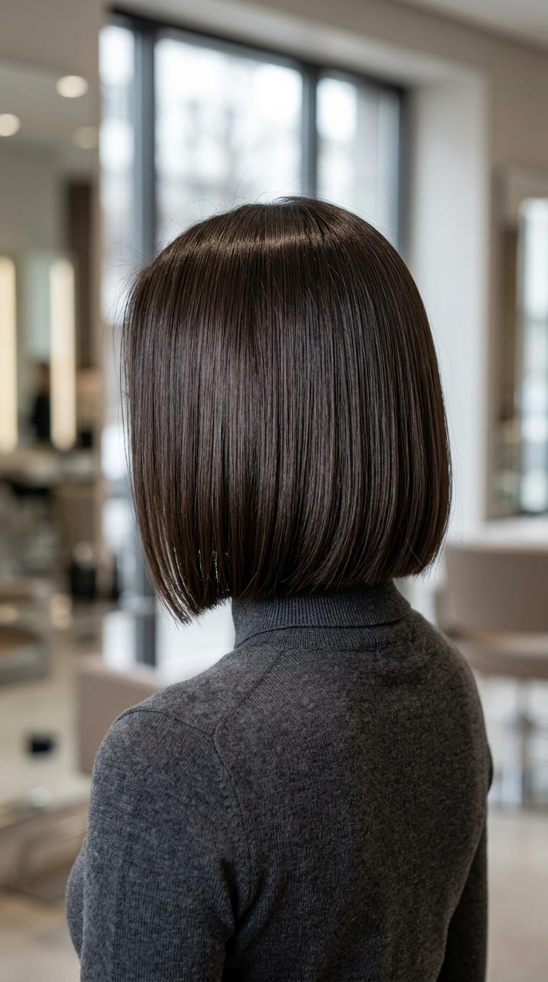 short espresso bob haircut with cool black undertones, razor-sharp angle, no fringe — bold high-fashion