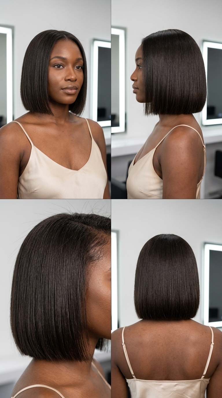 short espresso bob haircut with cool dark brown, razored blunt perimeter, no fringe — edgy high-fashion