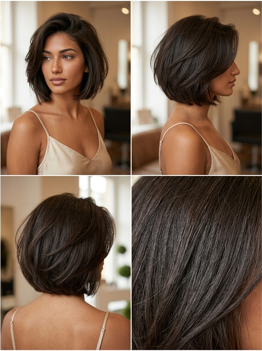 short razor bob haircut in deep espresso brunette with cool ash undertones, chiseled razored edge, deep side part — bold sophisticated