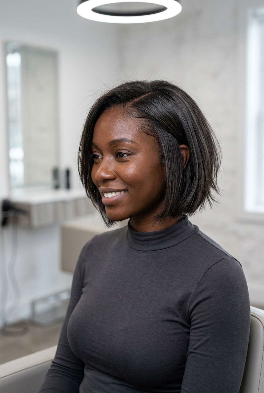 short razor bob haircut in deep espresso brunette with cool ash undertones, razored ends, no bangs — chic professional
