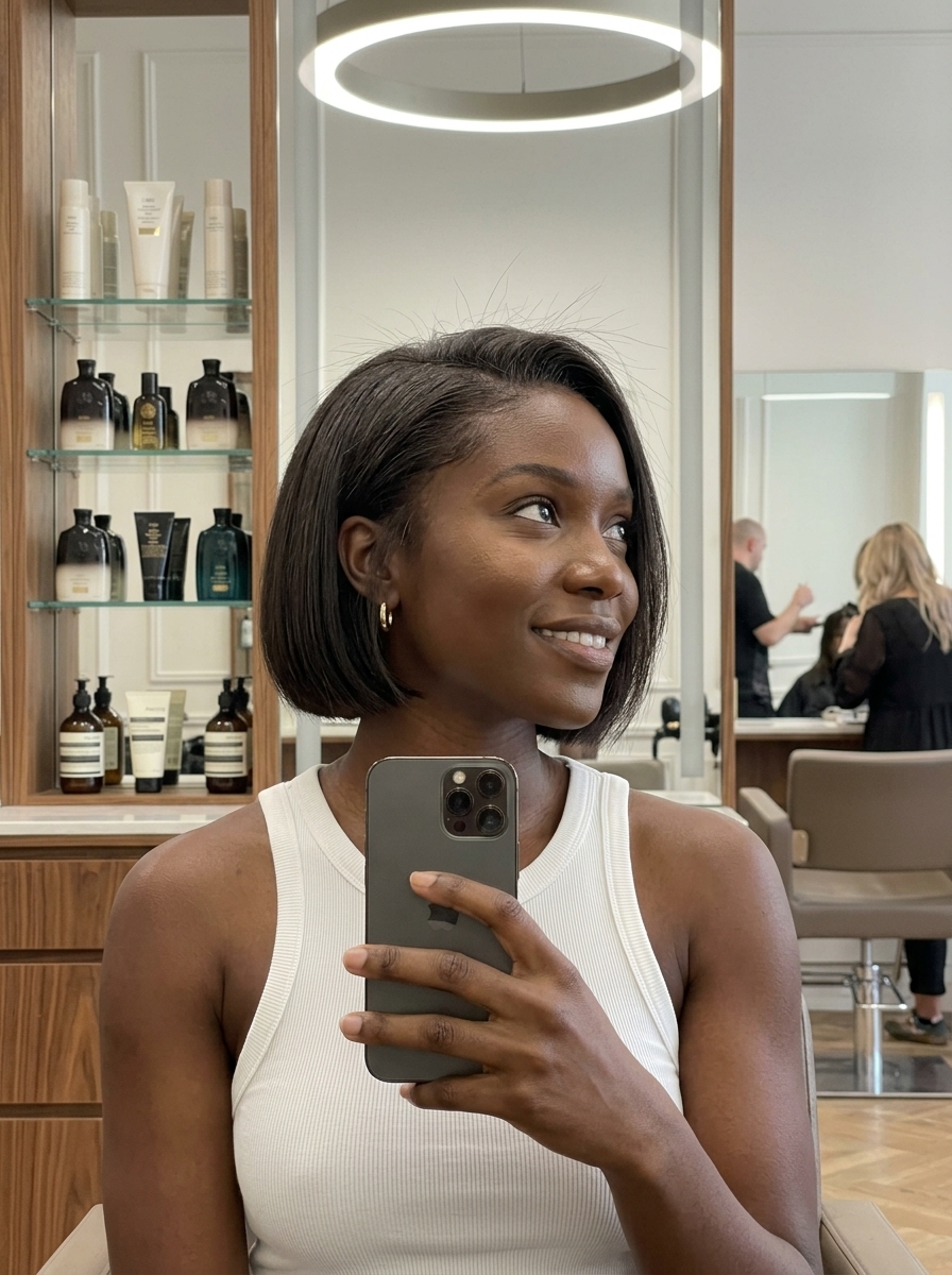 short razor bob haircut in espresso roast brunette with cool undertones, ghost layering, no fringe — professional chic