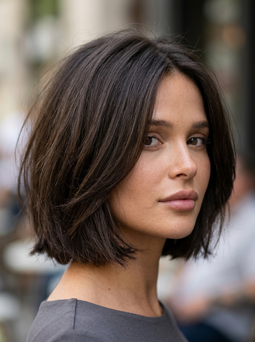 short razor bob haircut in deep espresso roast brunette with cool ash undertones, tapered razored back, soft side part — effortless sophisticated