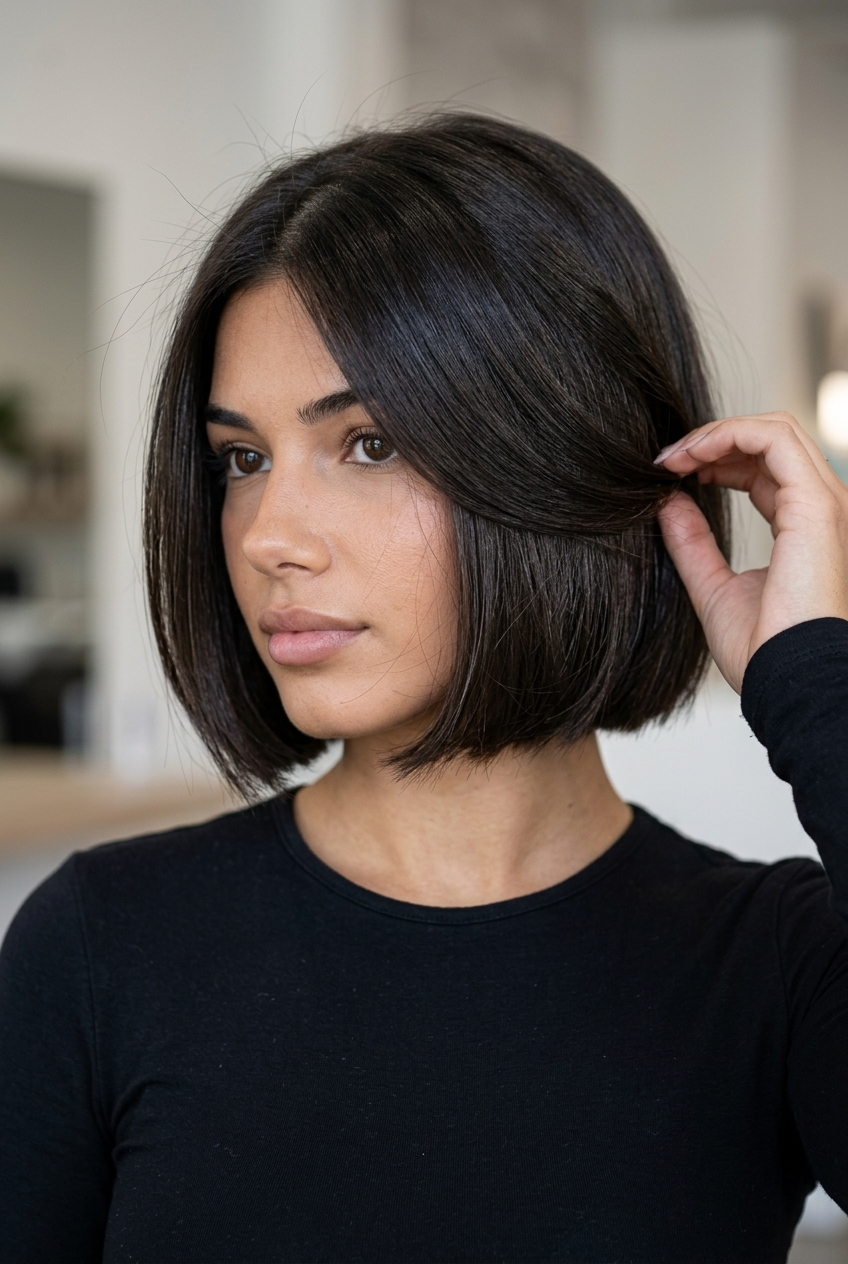 short french bob haircut in deep espresso brunette with cool undertones, blunt perimeter, subtle side part — elegant professional look