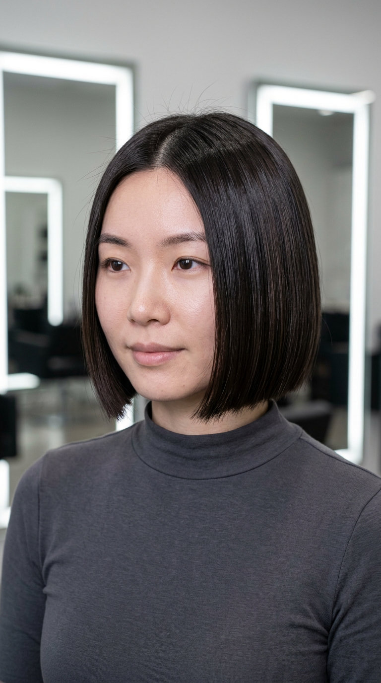 short french bob haircut with deep espresso gloss, razor-sharp blunt perimeter, side part — sophisticated chic style