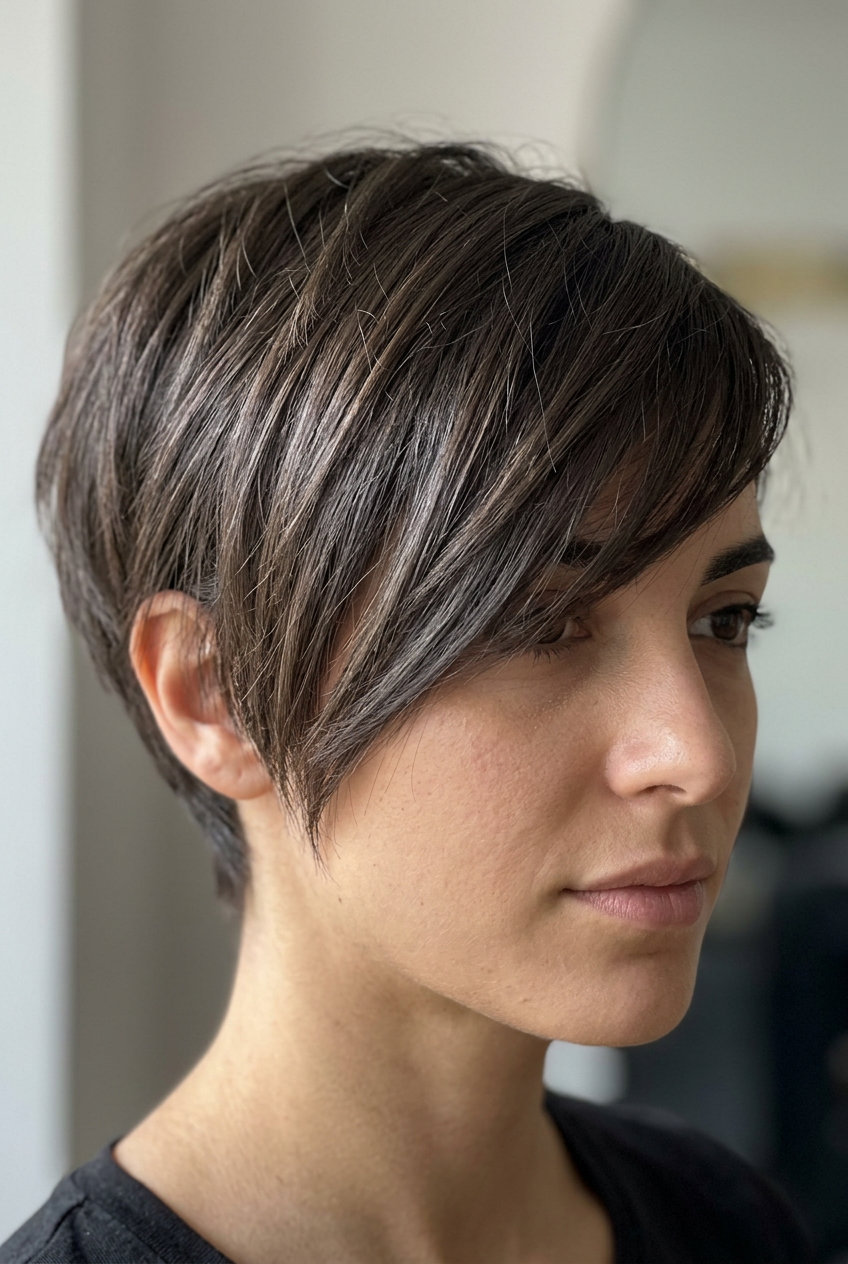 short pixie haircut in natural espresso with ash lowlights, choppy layers, asymmetrical bangs, edgy mood