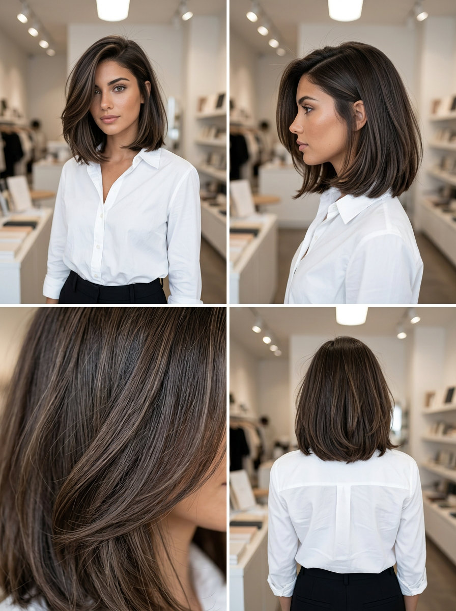 Modern Side-Swept Bob: Chic Summer Cut 2026 shoulder-length bob with espresso brunette color, deep side part, no fringe — professional chic summer office