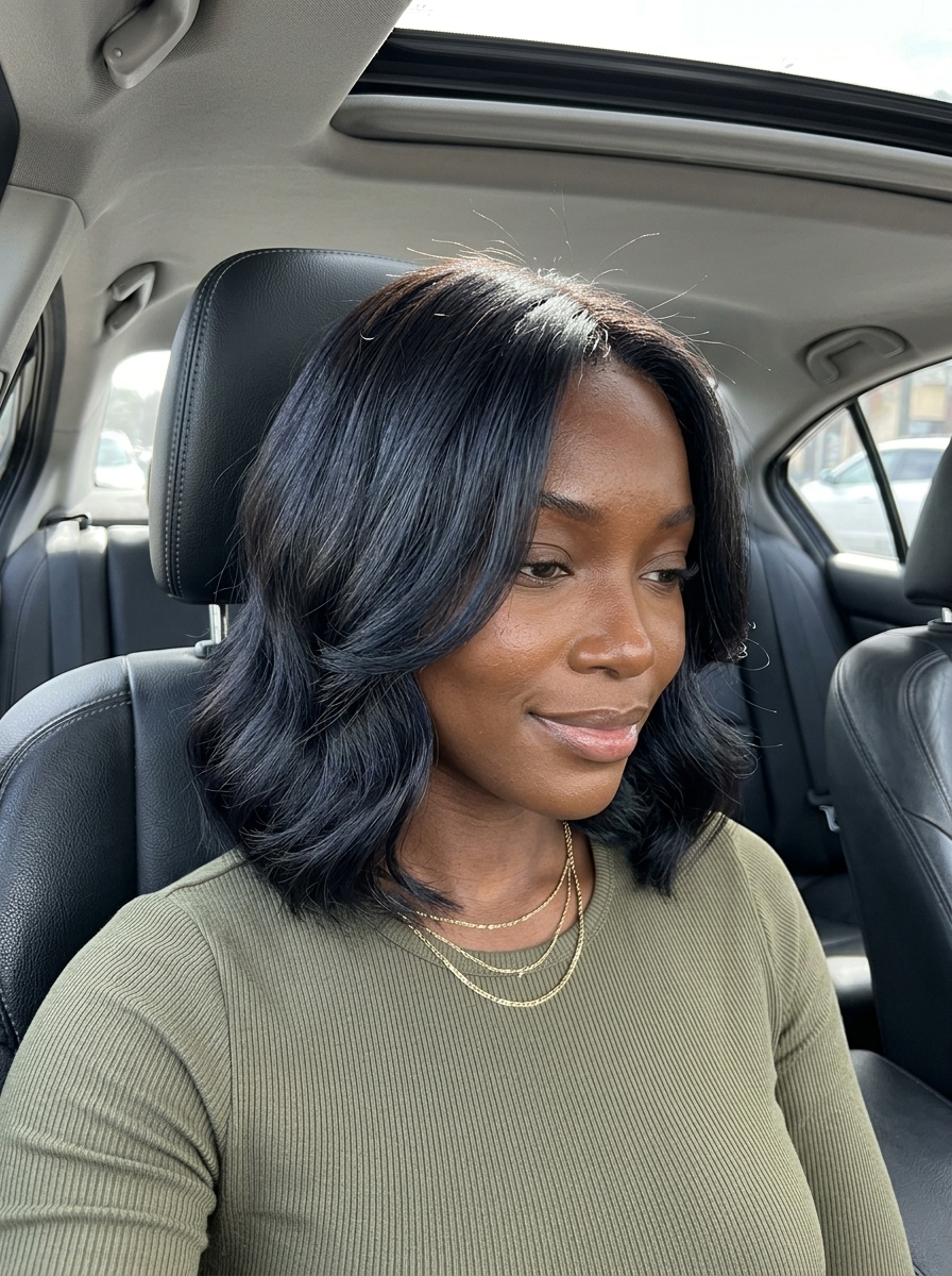 shoulder-length espresso bob haircut with cool dark brown, soft face-framing layers, deep side part — sophisticated elegant