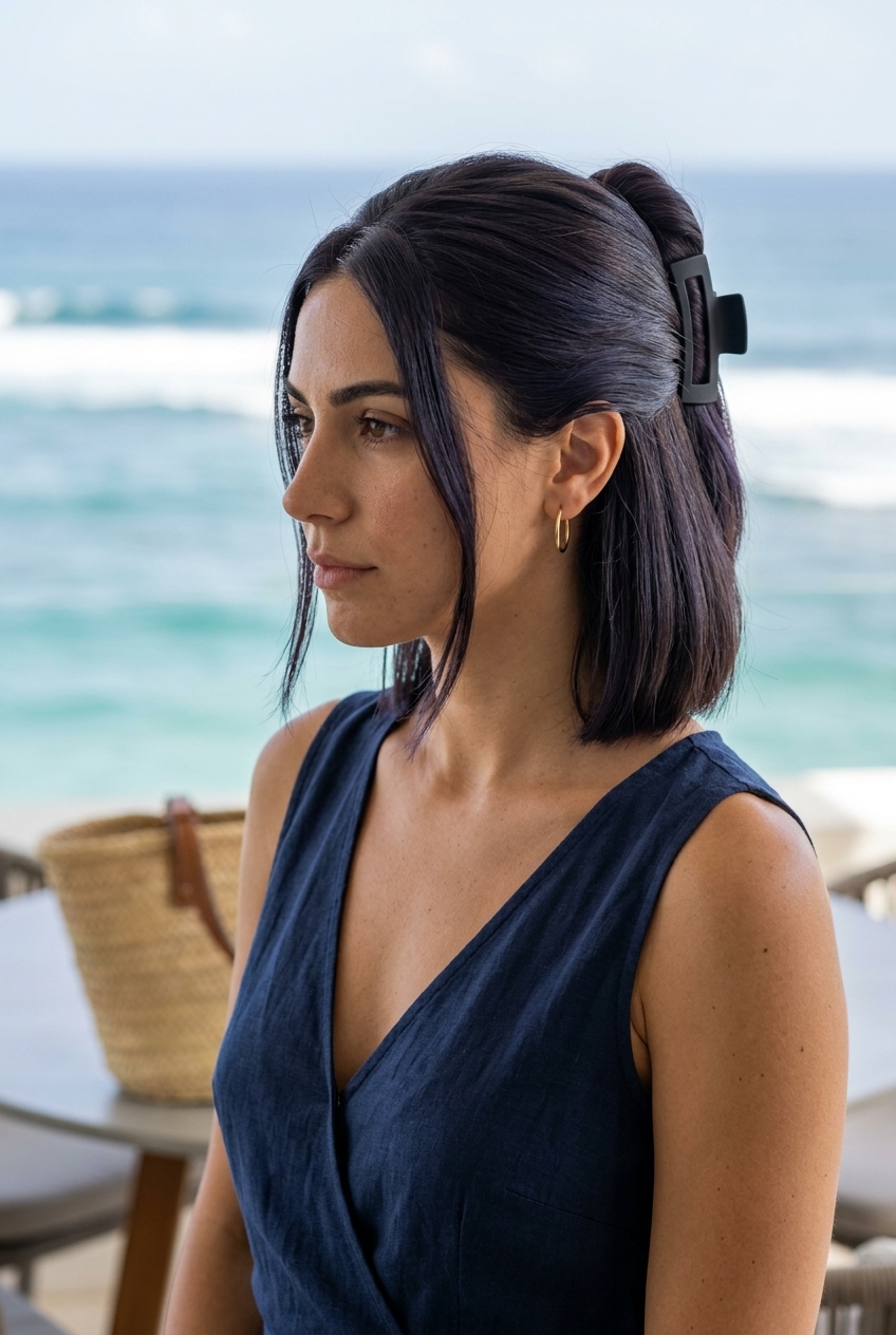 Chic Claw Clip Twist: Easy Summer Updo shoulder-length deep espresso bob twist with cool undertones and high-gloss finish for office
