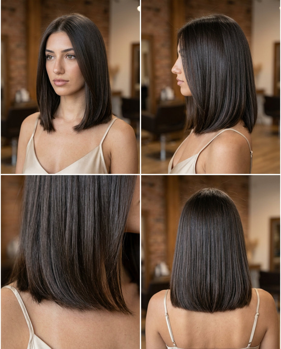 shoulder-length blunt lob haircut in deep espresso brunette with mirror-like shine for sophisticated events