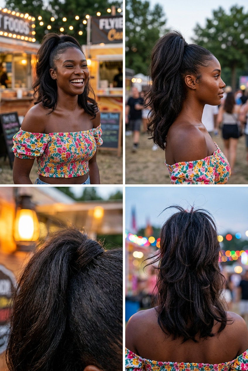 Energetic Copper Pony 2026 fiery copper high ponytail with voluminous texture for summer festival
