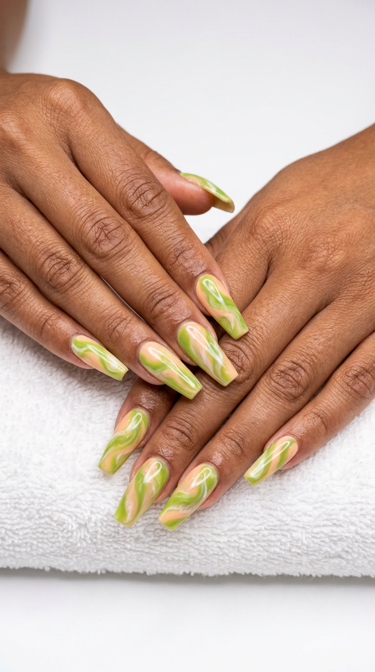 Fun summer nails 2026: Artistic citrus swirl marble almond nails for vacation and festivals.