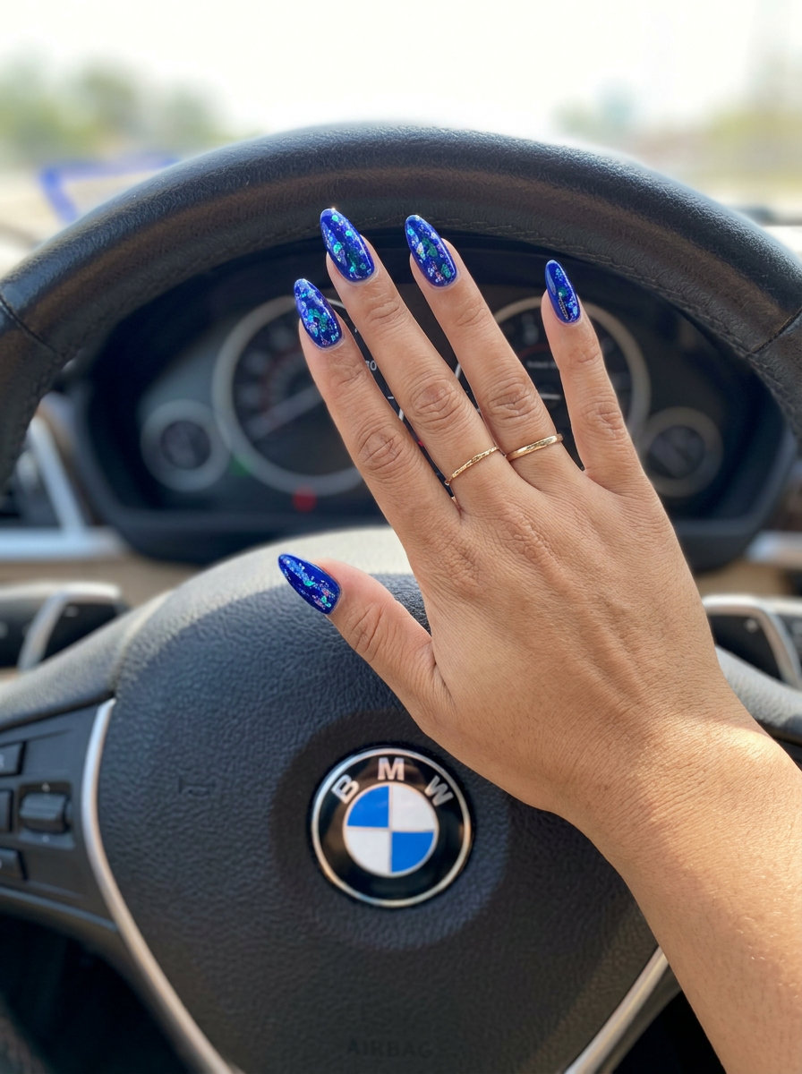 Fun summer nails 2026: Cobalt blue ocean shimmer foil short square nails for vacation and parties.