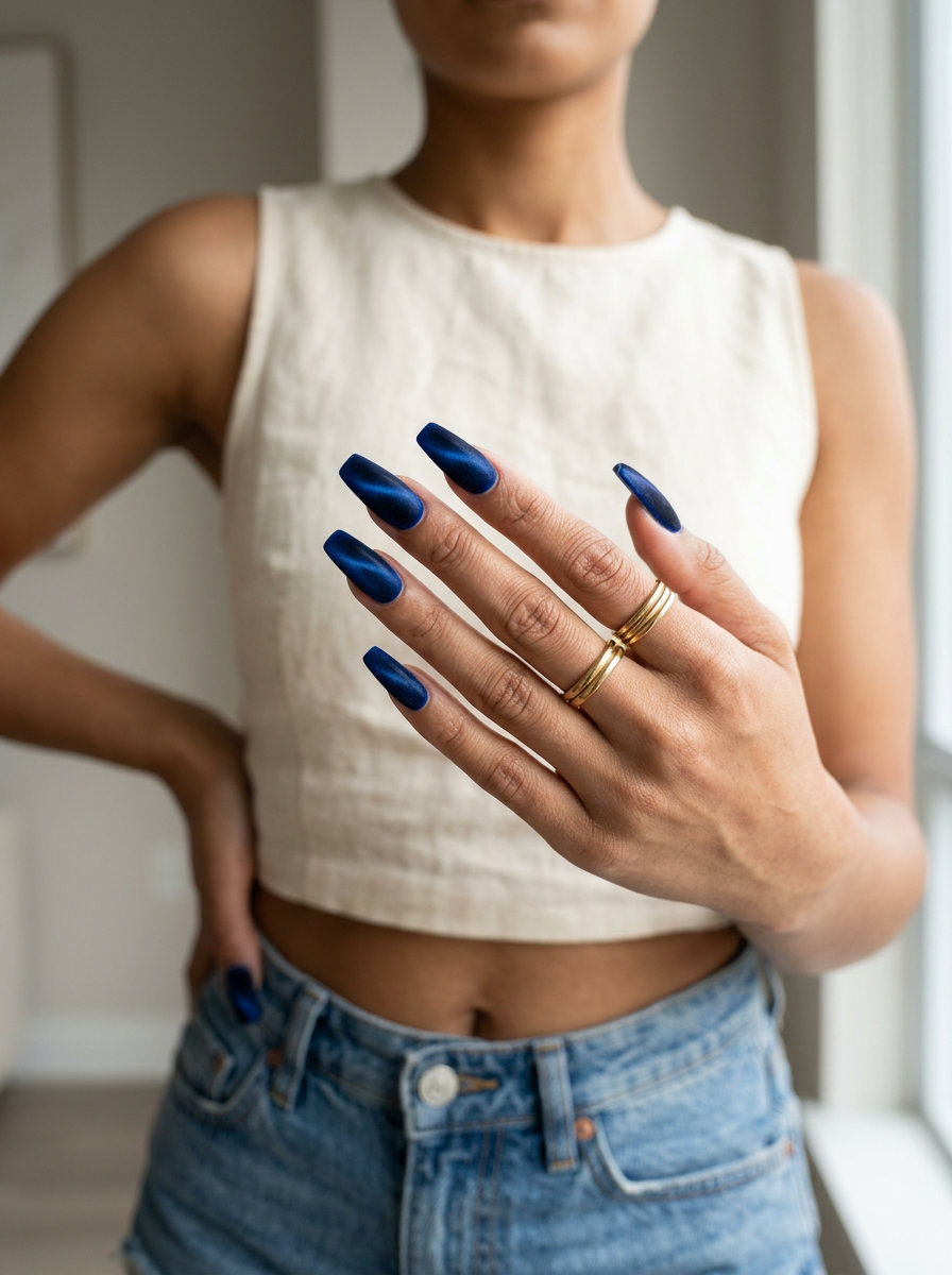 Deep cobalt blue velvet cat-eye nails for glamorous fun summer nails 2026, perfect for date nights.