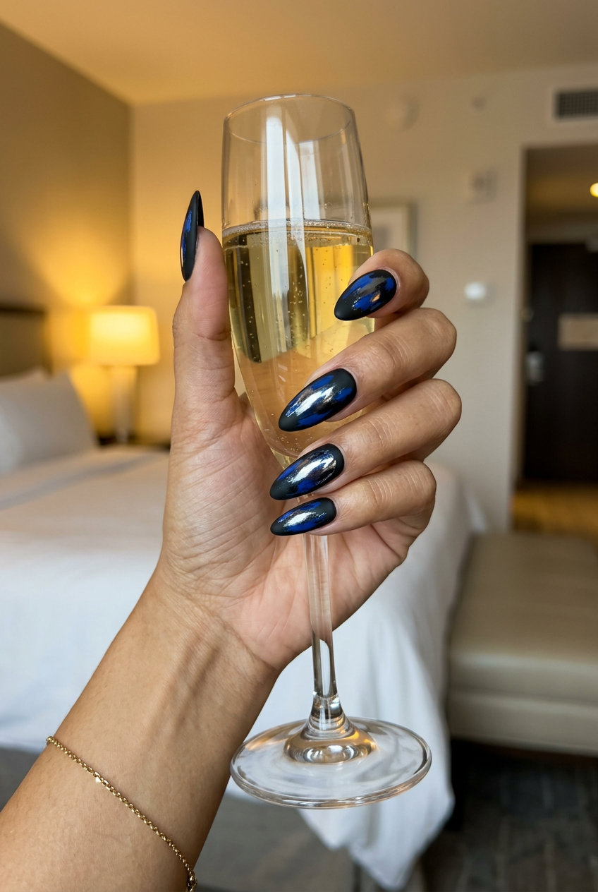 Cosmic Cobalt Chrome nails: Matte black with bold cobalt blue & chrome for edgy fun summer nails 2026.