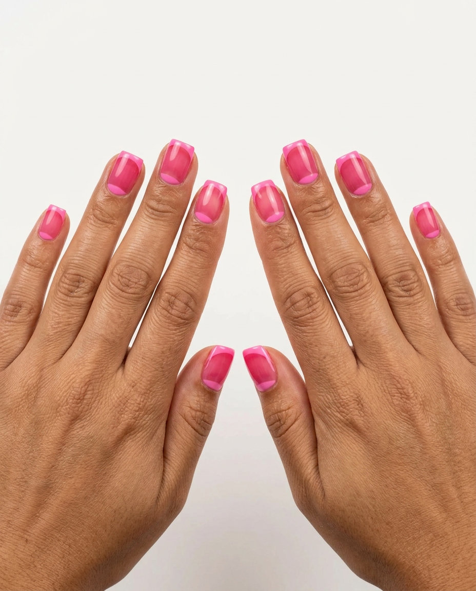 Translucent hot pink jelly with opaque half-moon for playful fun summer nails 2026.