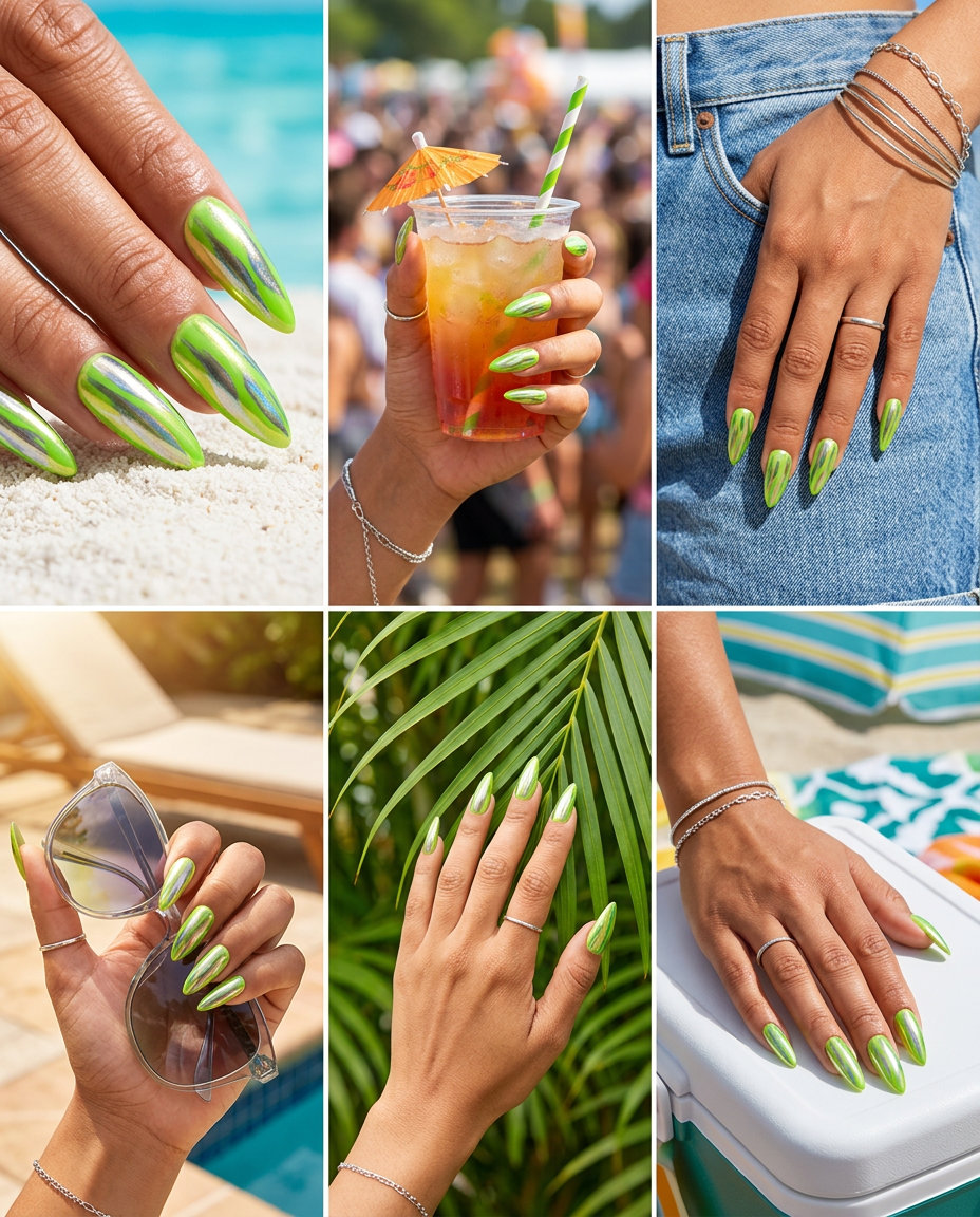Lime Chrome Fusion nails: Vibrant lime green with metallic chrome streaks for edgy fun summer nails 2026.