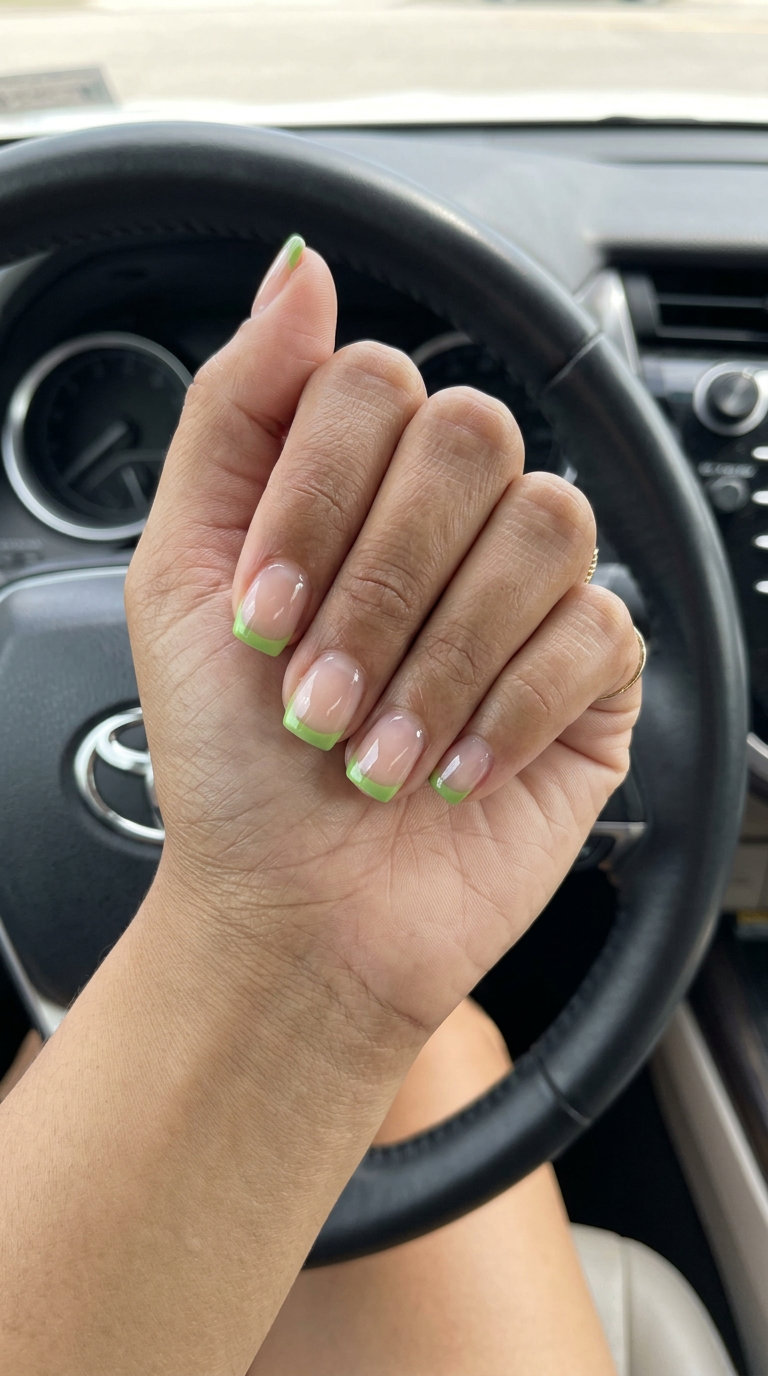 Fun summer nails 2026: Chic lime green micro french tip nails for daily and office wear.