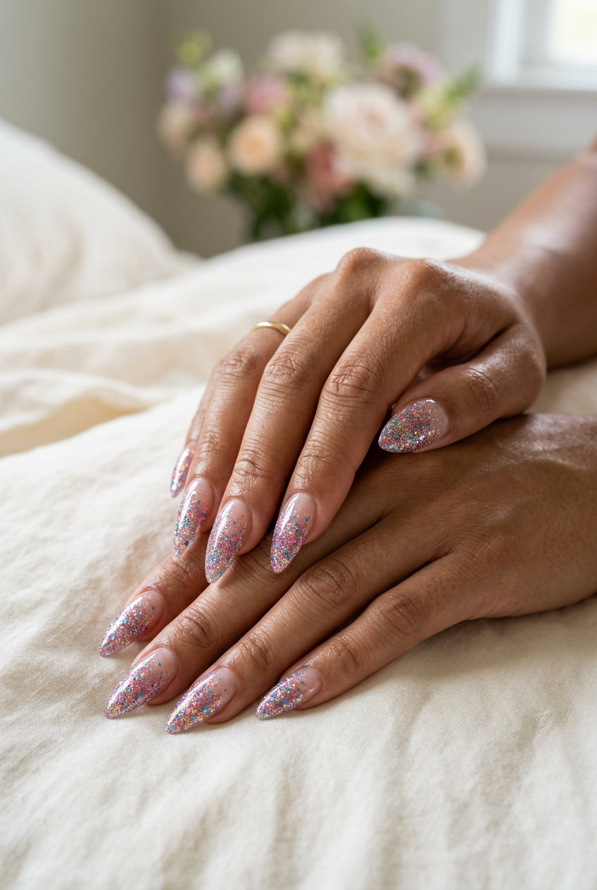 Multicolor Glitter Gradient Stiletto nails for festivals and parties, fun summer nails 2026.