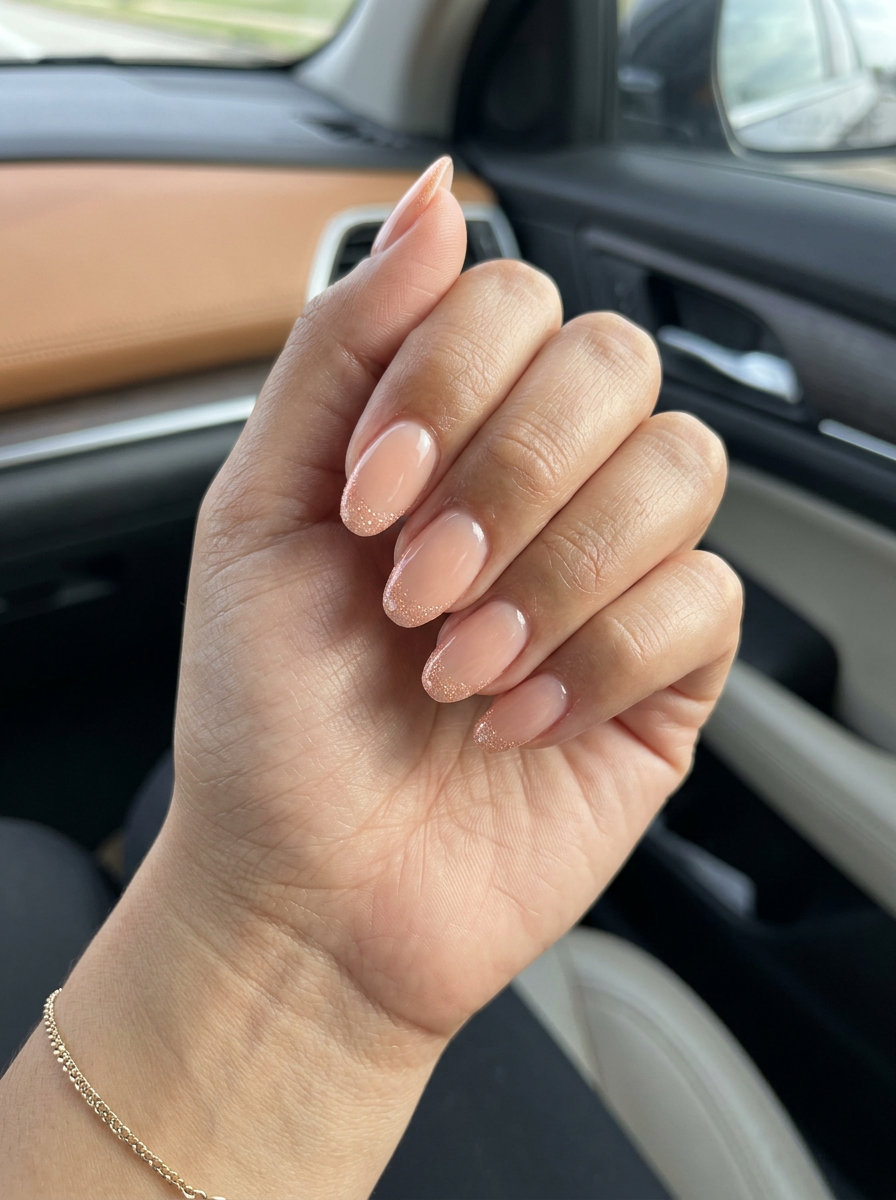 Fun summer nails 2026: Romantic sparkling peach french tip nails for weddings and daily wear.