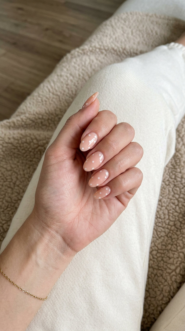 Sweet peach fuzz and milky white polka dot nails for daily wear, a charming option for fun summer nails 2026.