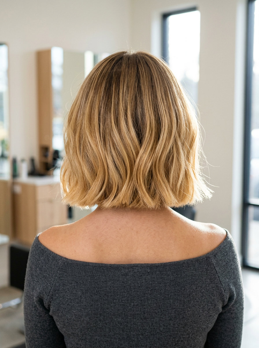 chin-length bob golden blonde hair with warm golden blonde balayage, sun-kissed highlights, no bangs — playful chic