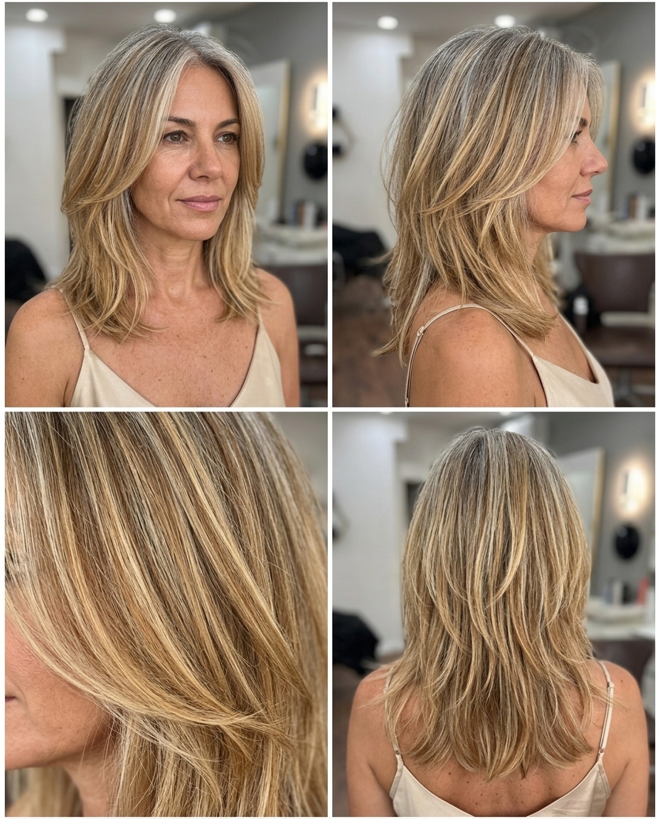 collarbone-length textured shag haircut in sun-kissed golden blonde balayage with face-framing layers for relaxed beach day