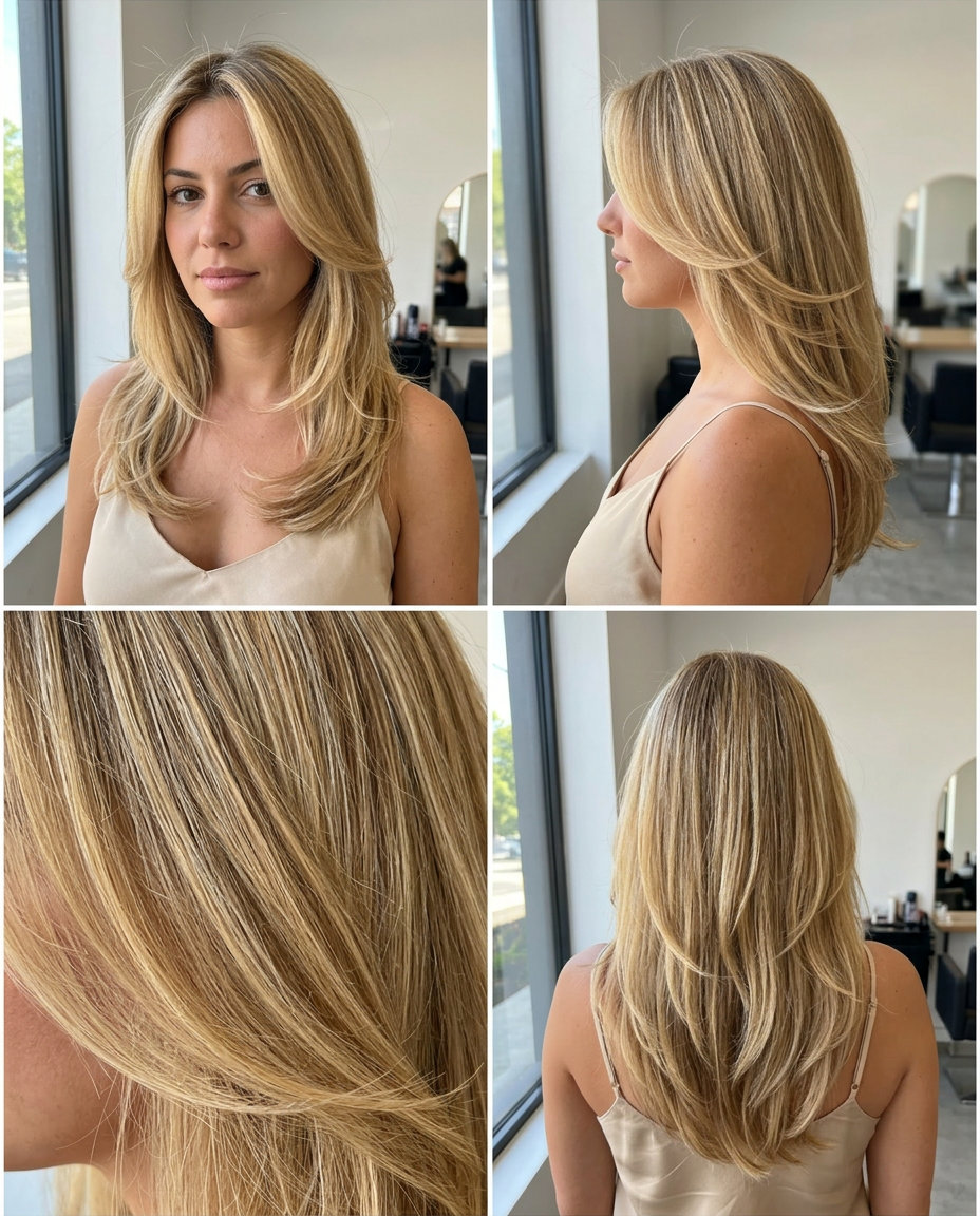 Golden Blonde Waterfall Layers 2026 long layered haircut in golden blonde with creamy babylights and natural root and face-framing layers for effortless bohemian daily wear