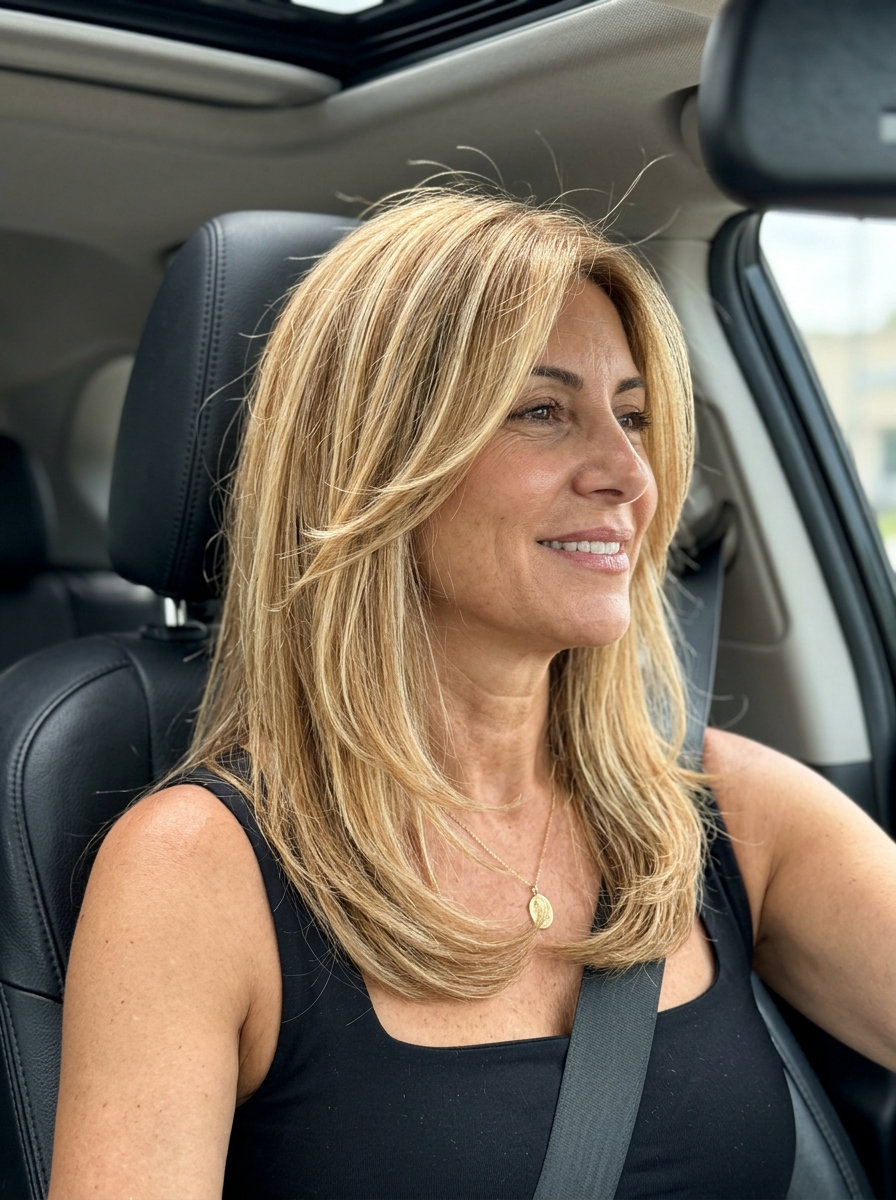 long layered haircut in golden blonde with creamy highlights and caramel lowlights for elegant occasions