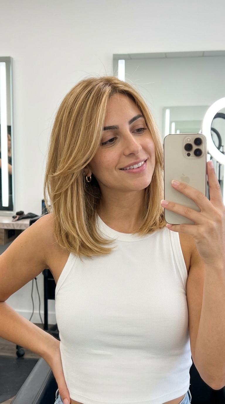 medium lob haircut in warm golden blonde with honey babylights, soft root smudge, romantic luminous mood
