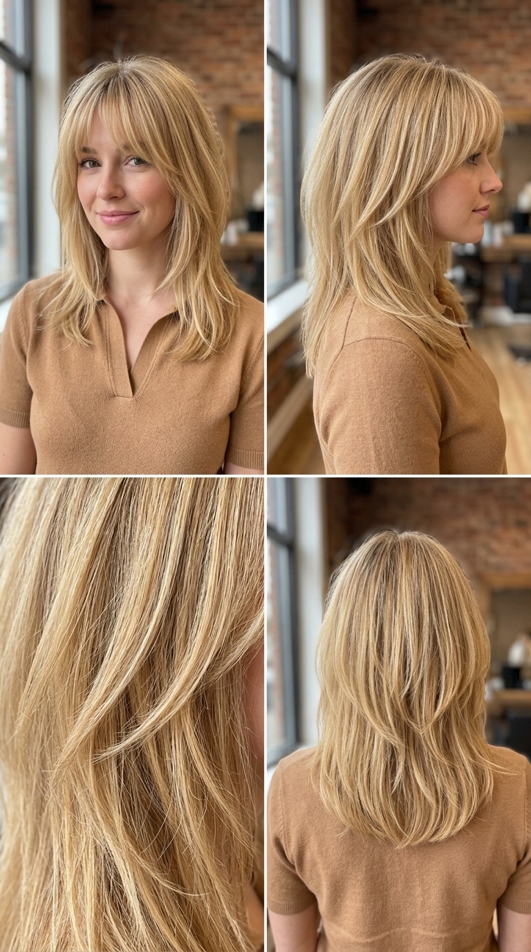 warm golden blonde shag haircut with babylights and curtain bangs for summer