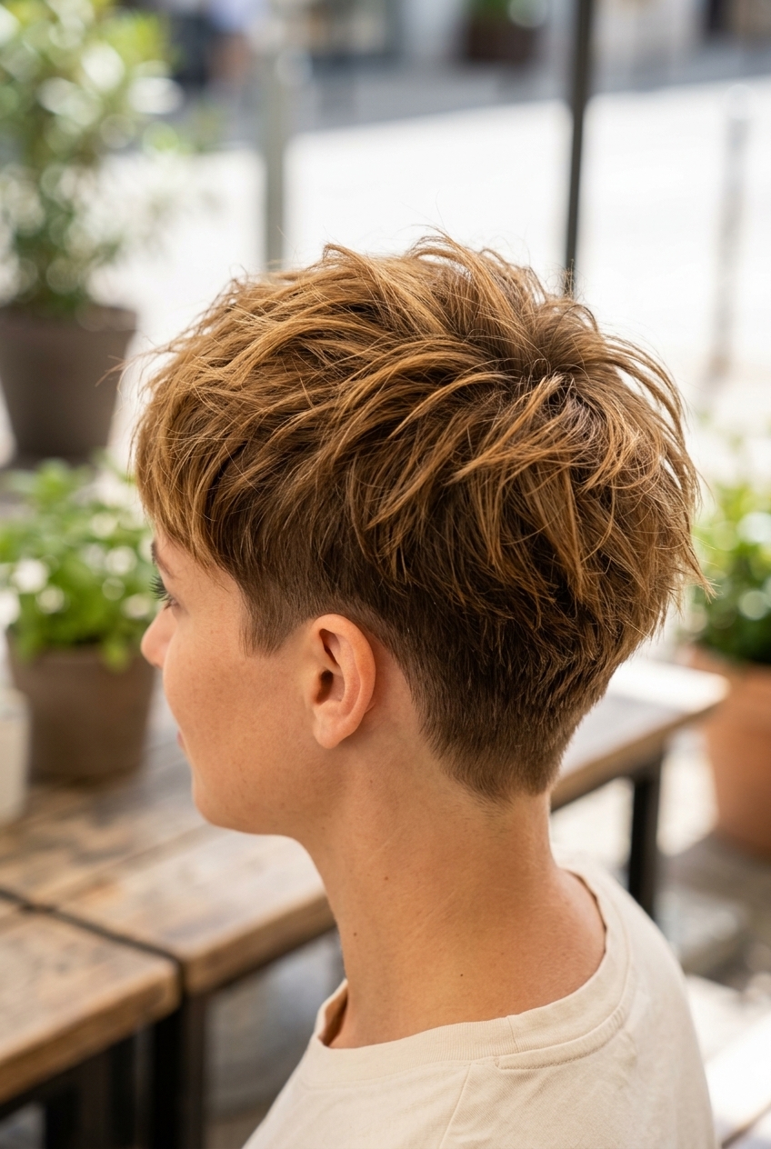 Short textured pixie with golden brown and amber babylights and forward fringe for playful look