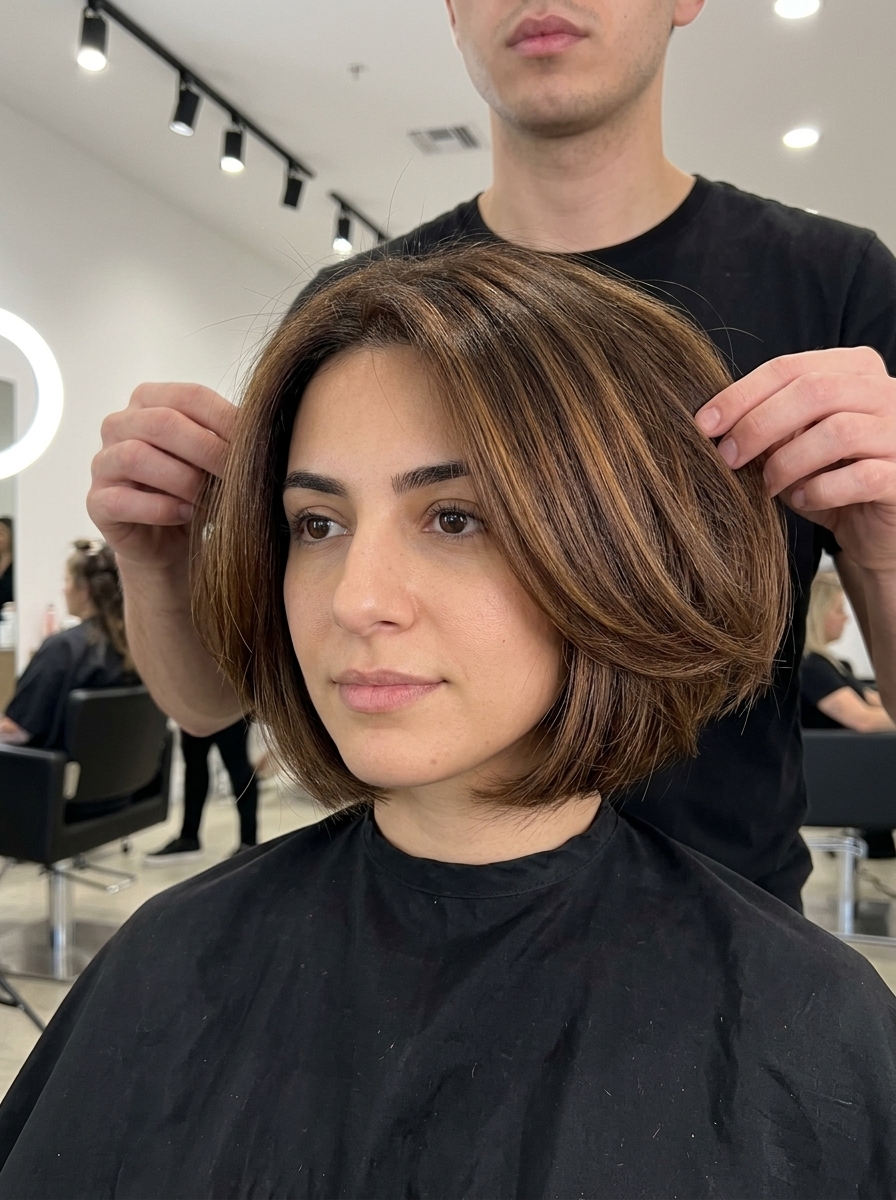 short french bob haircut with golden caramel undertones, soft blunt perimeter, no bangs — classic polished style
