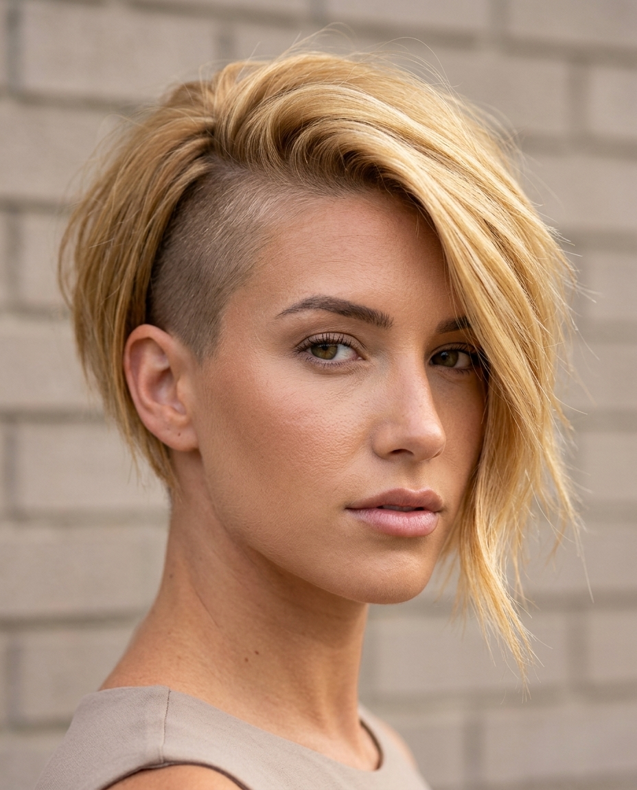 medium asymmetrical golden honey blonde with Scandi hairline and razored layers