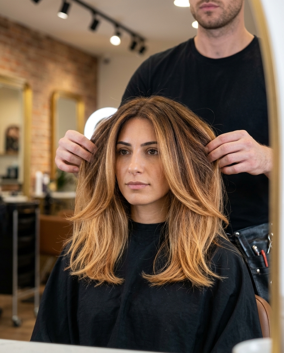 Golden Honey Bronde Ombré 2026: Sun-Kissed Waves long layered bronde haircut with golden honey ombré, balayage and warm undertones for summer
