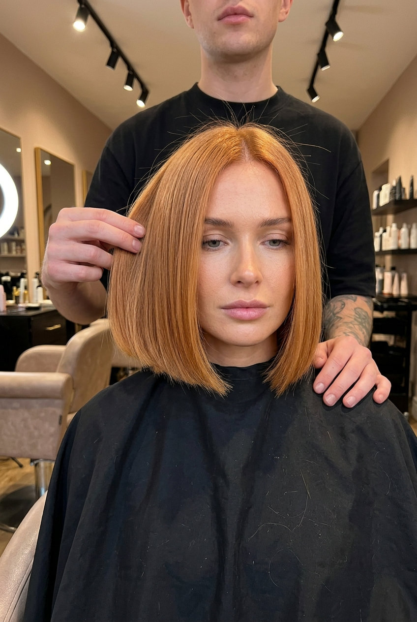 chin-length blunt bob with golden hour strawberry blonde, deep side part, blunt perimeter — retro, sophisticated