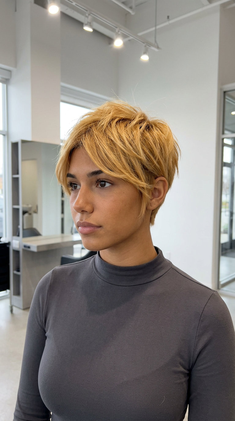 short golden nectar blonde pixie crop with razored texture and root smudge