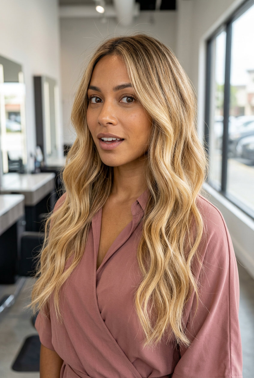 long layered haircut golden blonde hair with natural medium blonde root to radiant golden blonde ombré, V-cut layers — effortless beachy