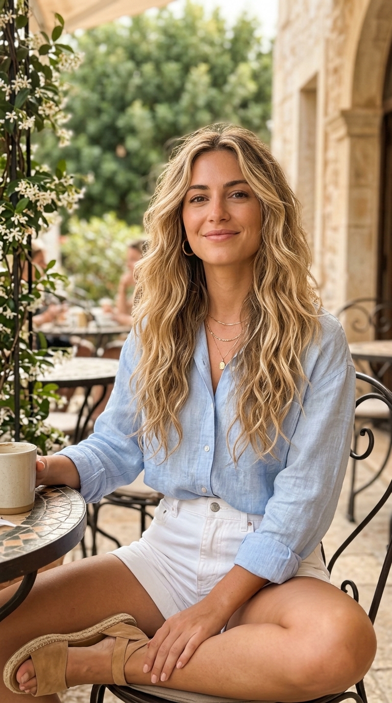 Salt-Kissed Waves: Effortless Summer Hairstyle 2026 shoulder-length waves with golden babylights, sea salt spray texture, no fringe — effortless beachy look