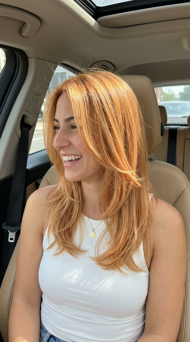 medium-long golden strawberry blonde balayage with face-framing layers and soft waves for summer days