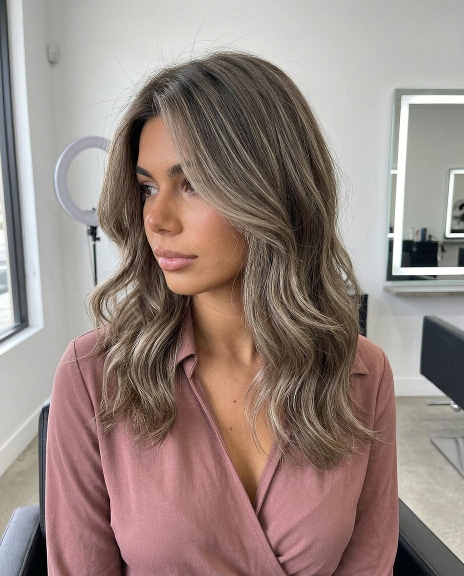 Greige Bronde Balayage 2026: Cool & Sophisticated medium layered bronde haircut with greige balayage, cool tones and ashy beige highlights for meeting