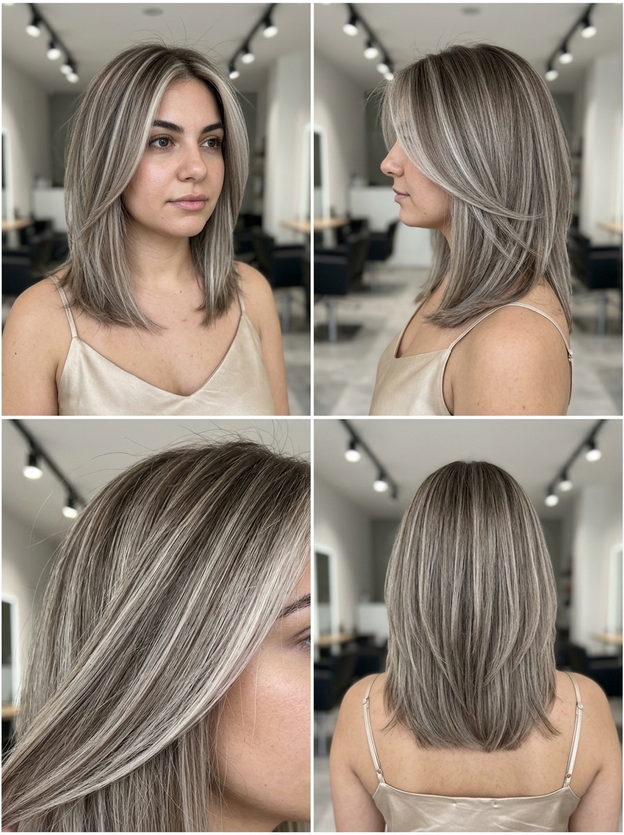 Greige Bronde Money Pieces 2026: Edgy & Modern medium layered bronde haircut with greige money pieces, foil highlights and ash undertones for festival